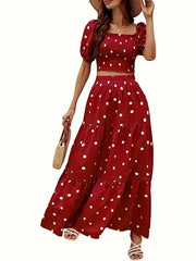 Polka Dot Print Shirred Puff Sleeve Square Neck Crop Top & Skirt Set
