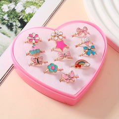 12pcs Cartoon Flower Butterfly Rainbow Star Adjustable Ring Set For Girls