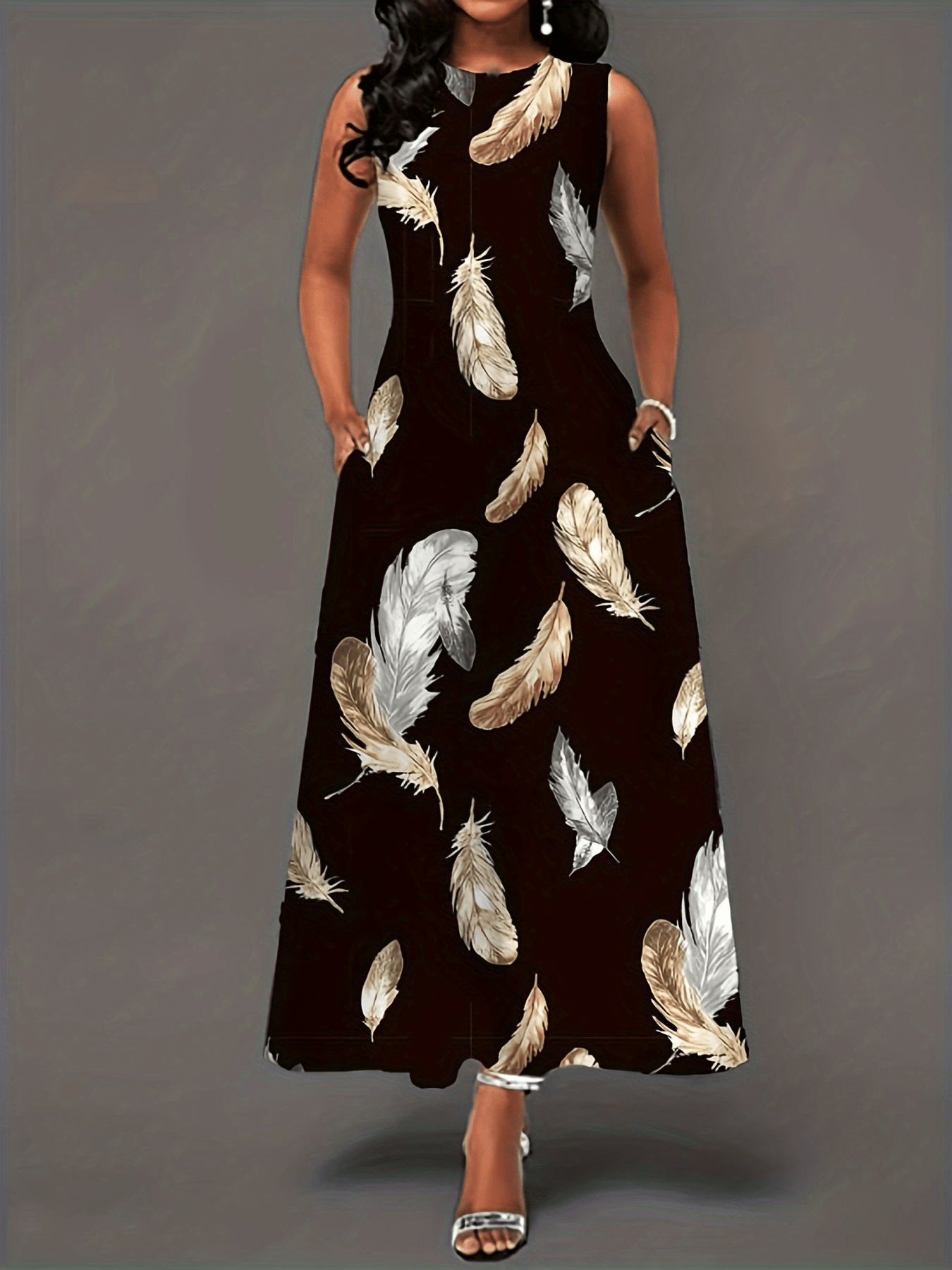 Feather Print Tank Dress With Pockets
