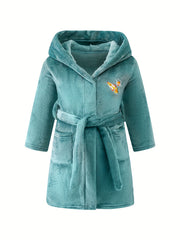 Kid's Rocket Planet Embroidery Hooded Flannel Bathrobe PJ