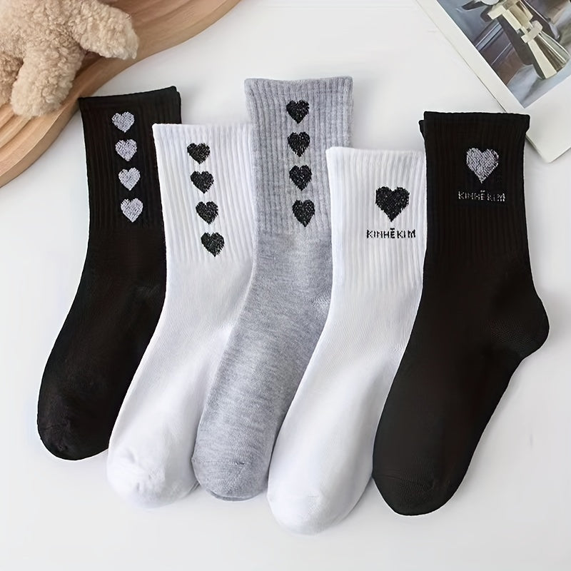 5 Pairs Heart Print Crew Socks Women's Stockings