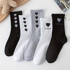 5 Pairs Heart Print Crew Socks Women's Stockings