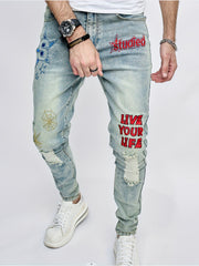 Slim Fit Ripped Jeans Men's Street Style Denim Pants