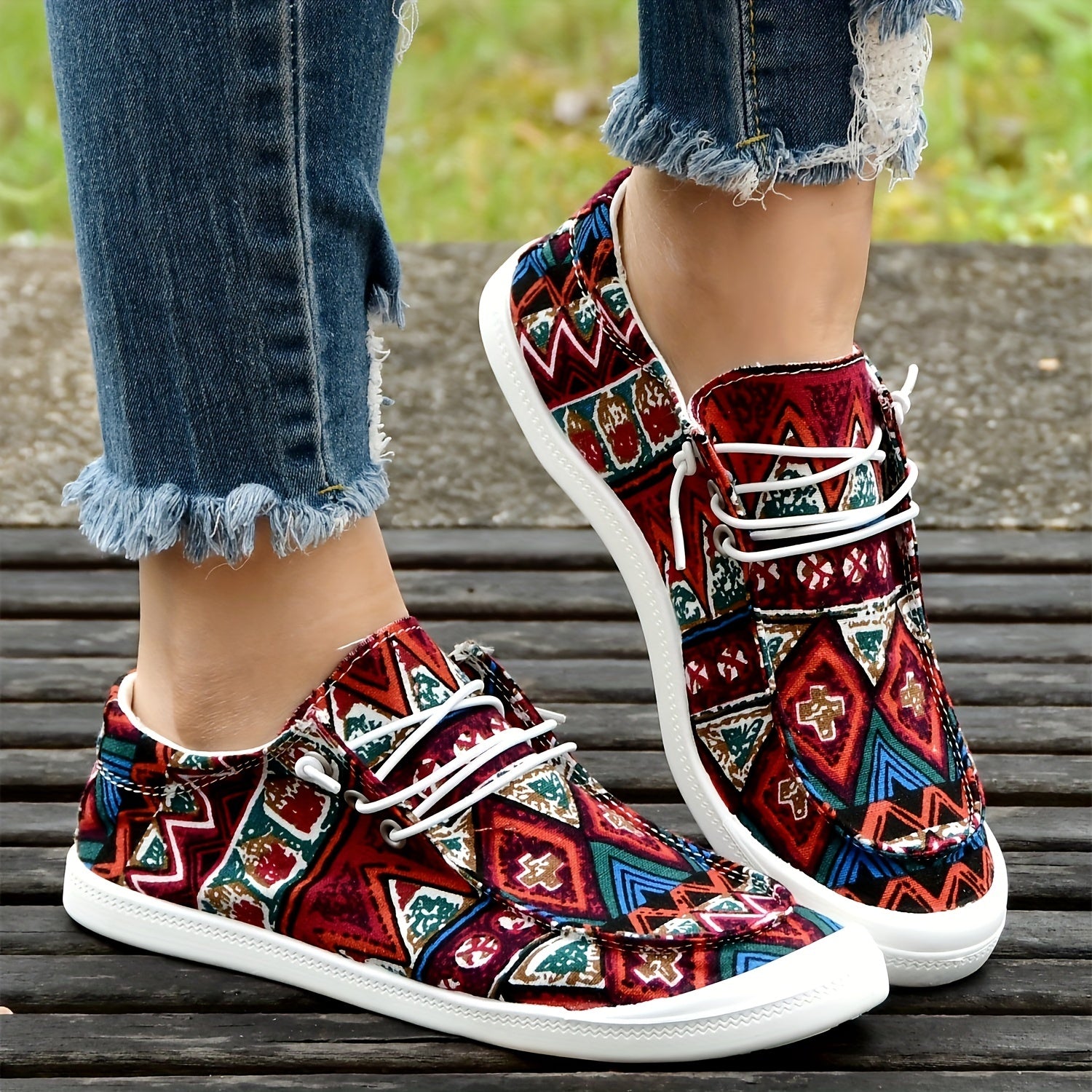 Women's Ethnic Red Boat Shoes Lightweight Flat Walking Shoes