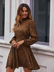 Women's Plus Leopard Print Lantern Sleeve Mock Neck Dress