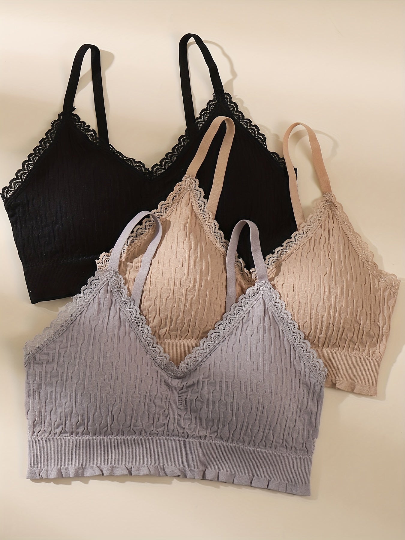 3pcs Lace Wireless Bras, Comfy & Breathable Intimates