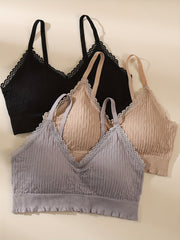 3pcs Lace Wireless Bras, Comfy & Breathable Intimates