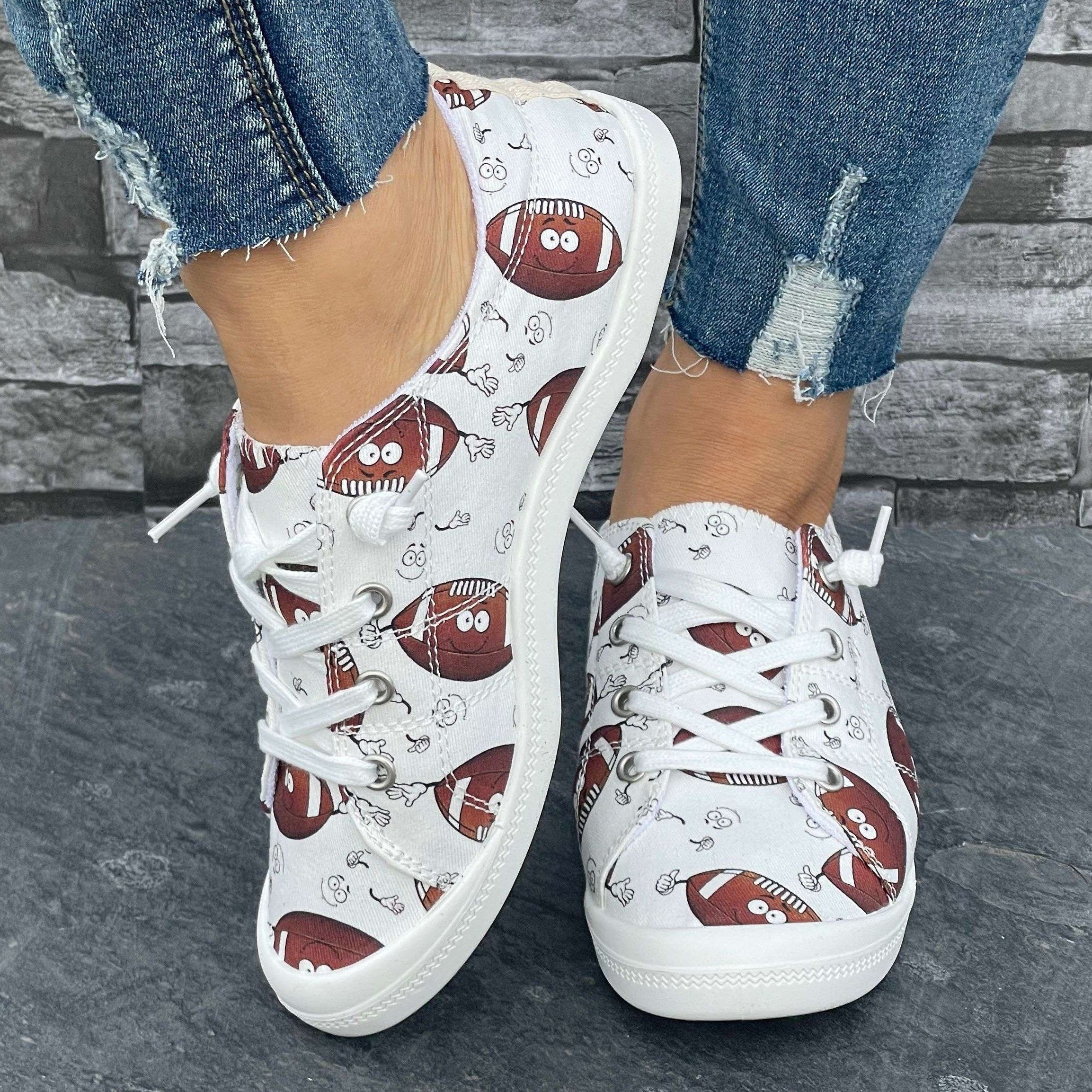 Cartoon Rugby Pattern Women's Flat Shoes Lightweight Soft And Comfortable