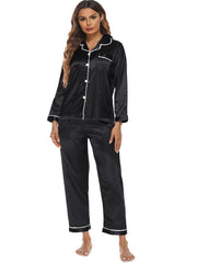 Satin Pajama Set Long Sleeve Button Up Top & Elastic Waistband Pants