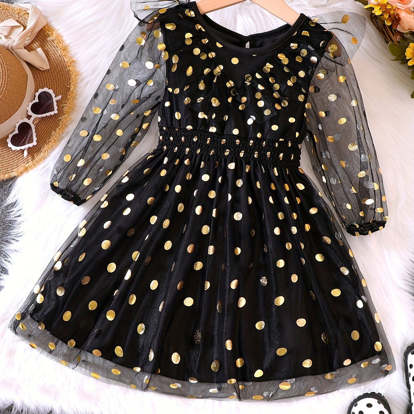 Girl's Golden Dot Long Sleeve Tunic Dress For Party
