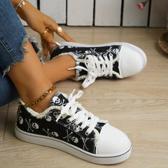 Skull Print Canvas Sneakers Lace Up Walking Shoes