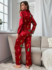 Christmas Print Pajama Set Long Sleeve Top & Elastic Pants Women's Sleepwear