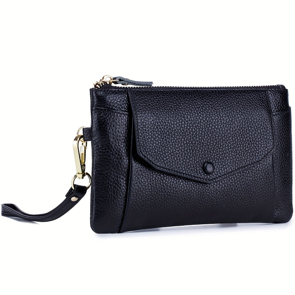 Leather Women's Clutch Bag with Zipper Closure & Wristlet