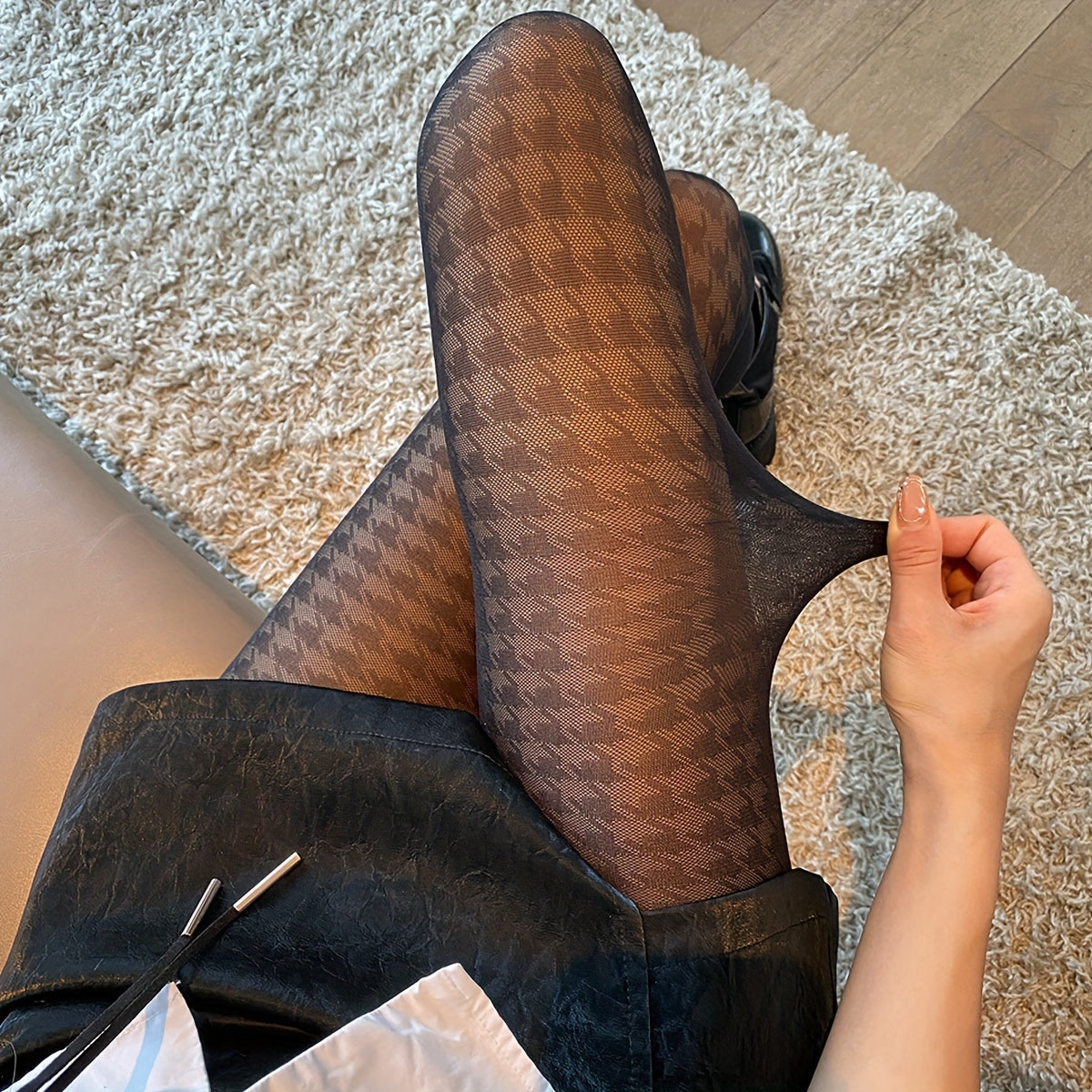 Houndstooth High Waist Semi-Sheer Pantyhose Stockings