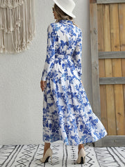 Floral Print Tiered Dress Boho Button Front Long Sleeve Dress