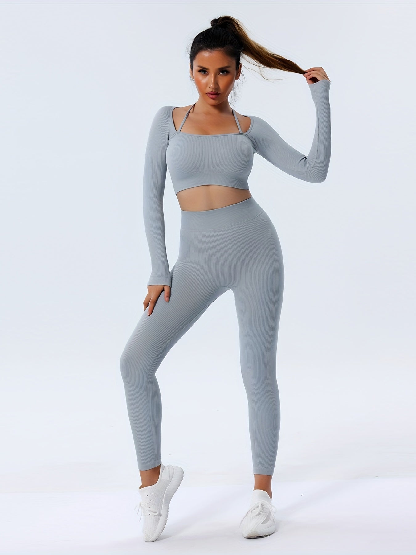 Solid Tight Long Sleeve Top And Leggings Sports Set