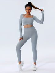 Solid Tight Long Sleeve Top And Leggings Sports Set