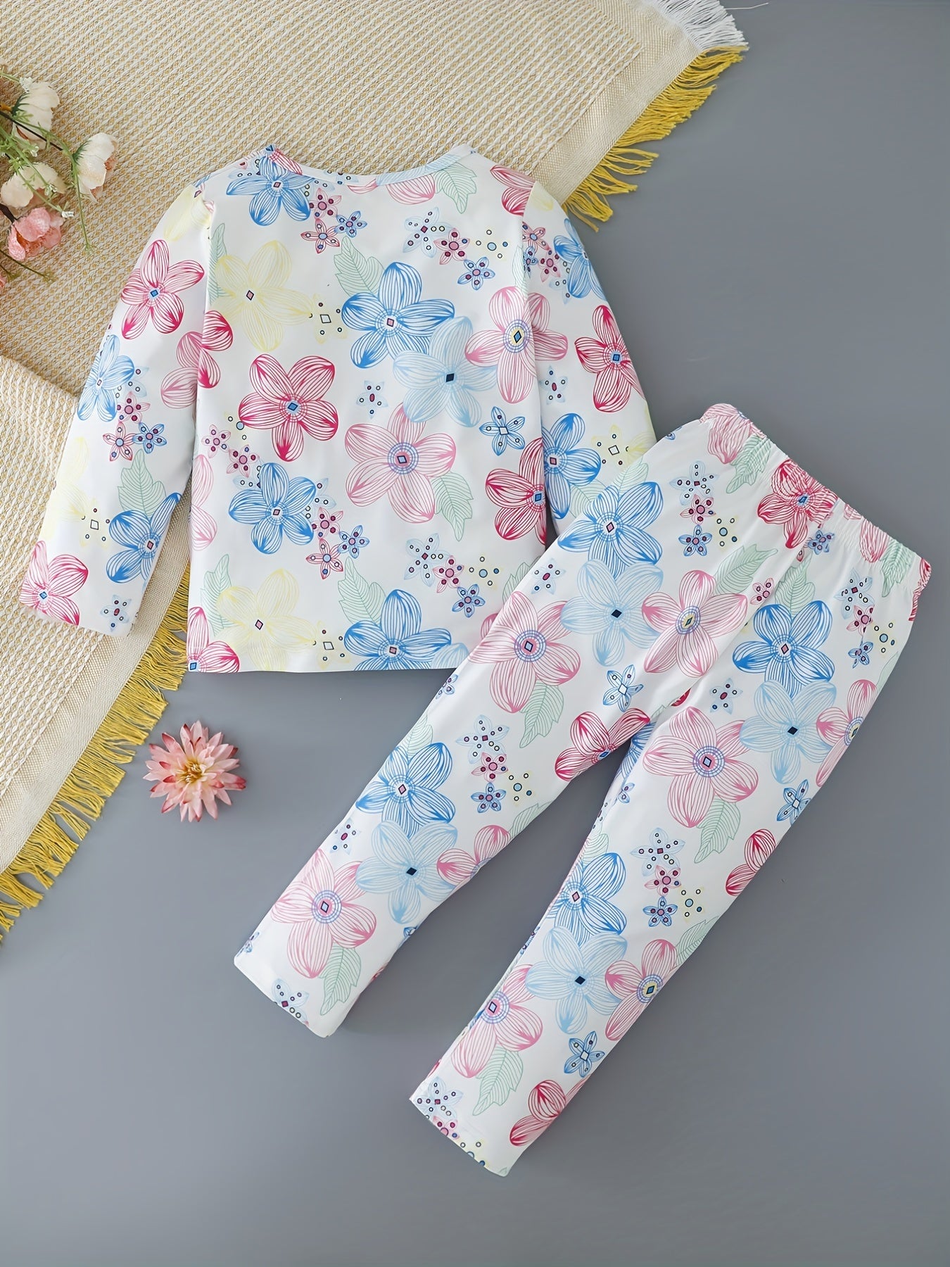 2pcs Toddler Girls Flowers Graphic Pajama Set Long Sleeve Top & Pants Sleepwear