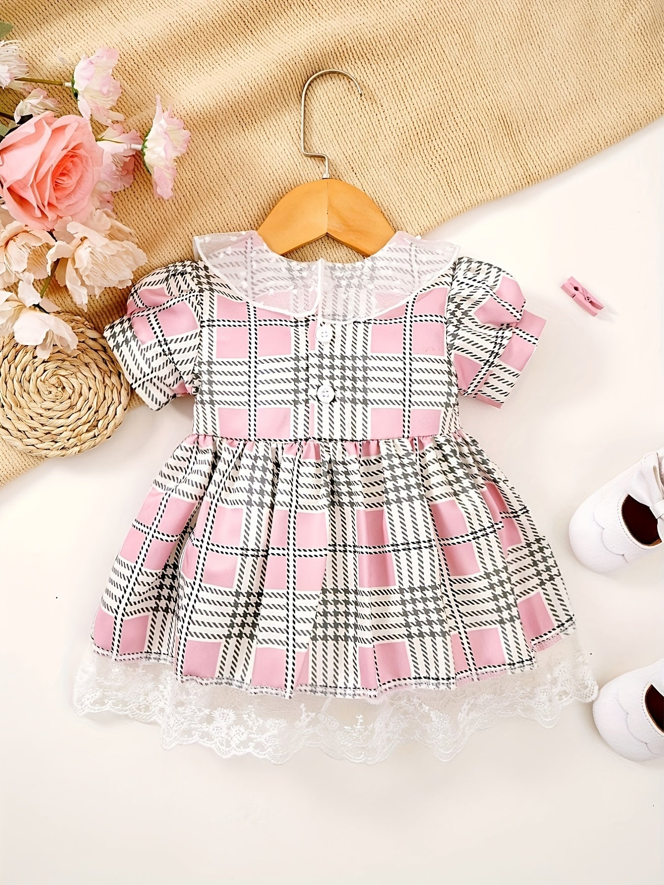 Baby Girls Plaid Dress with Puffy Sleeves and Bow