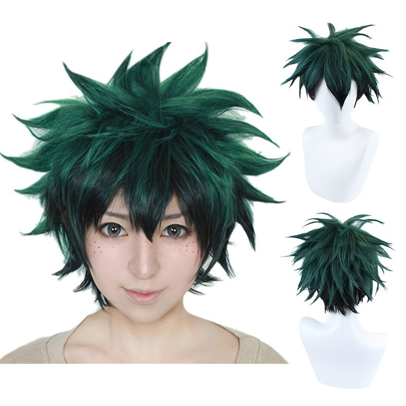 Men's Green Gradient Short Curly Anime Wig