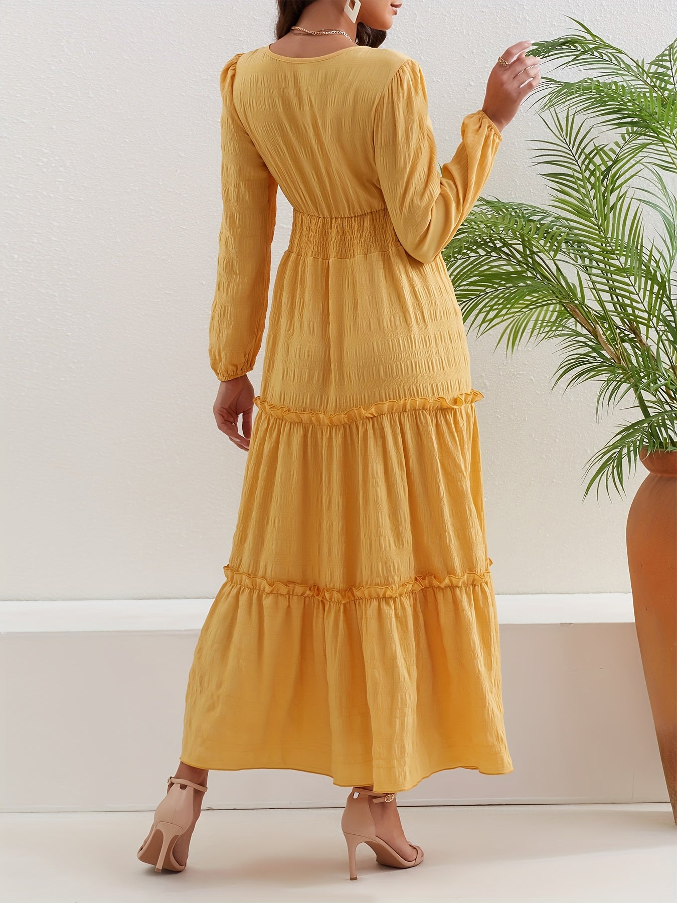 Textured Shirred Waist Dress Long Sleeve Maxi Dress
