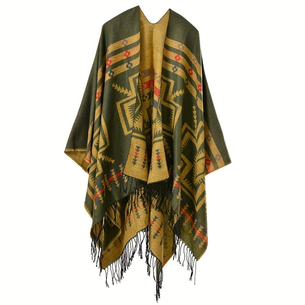 Geometric Print Cashmere Shawl with Tassels