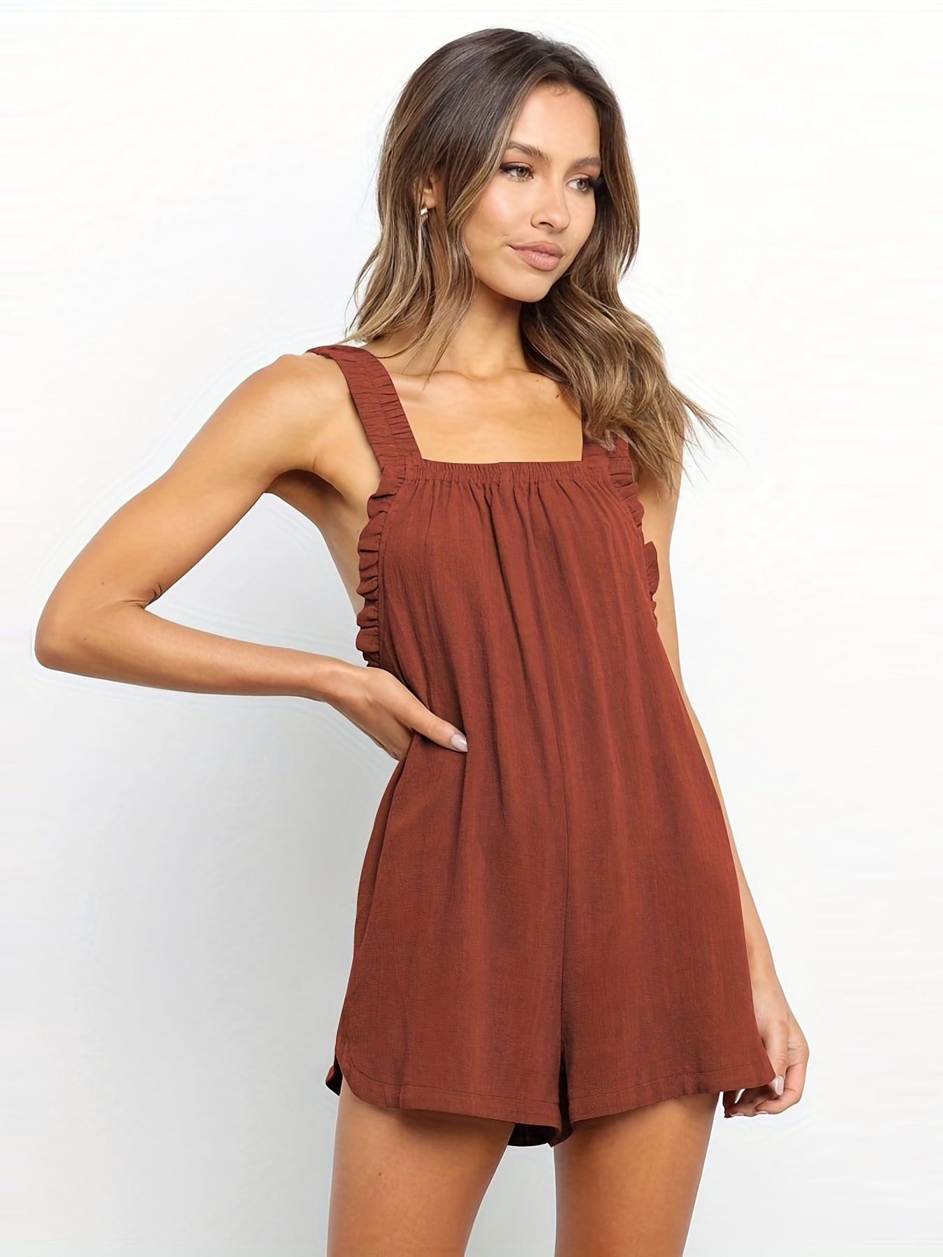 Ruffle Trim Sleeveless Romper Pocket Solid Casual Jumpsuit