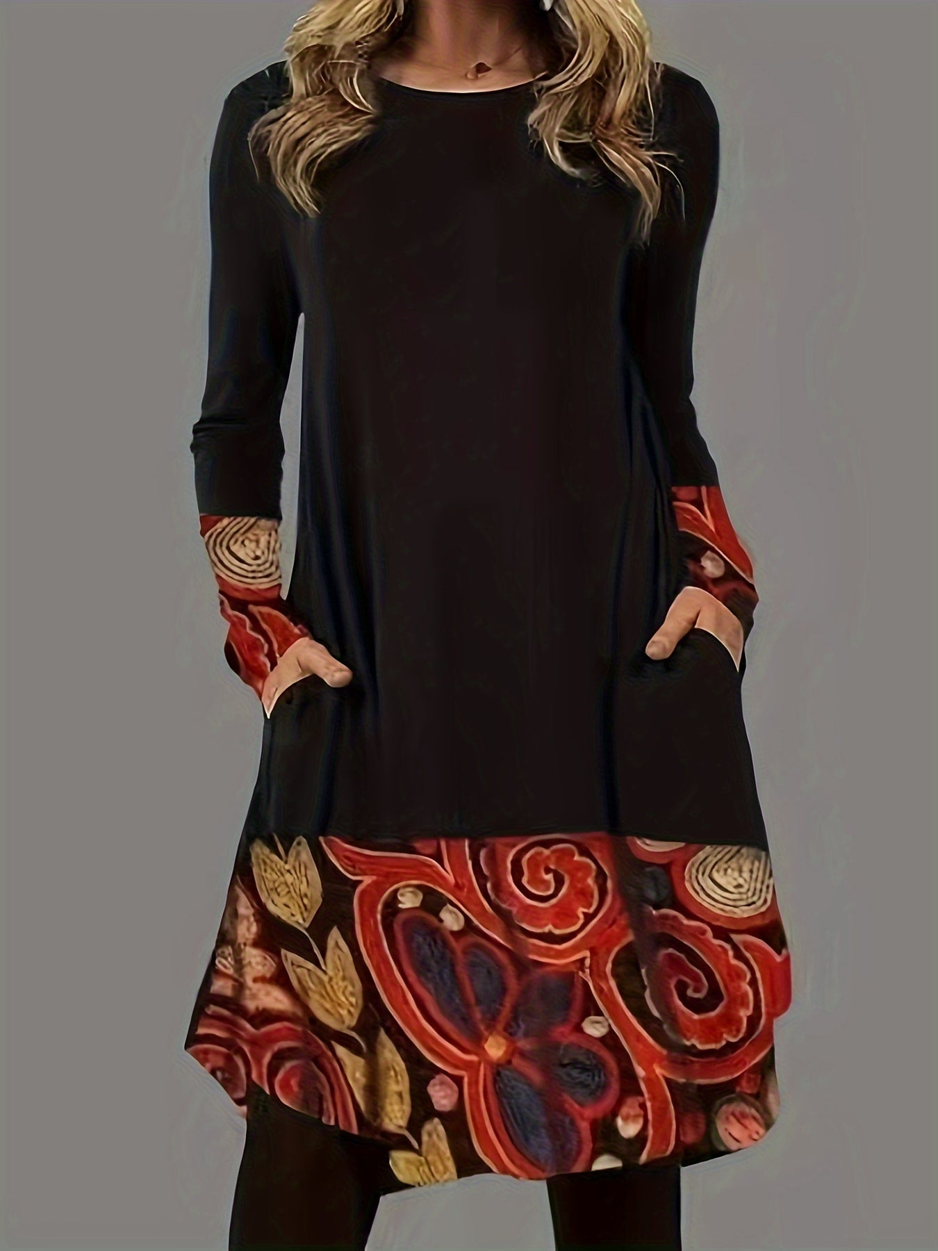 Colorblock Graphic Print Long Sleeve Round Neck Dress With Pockets