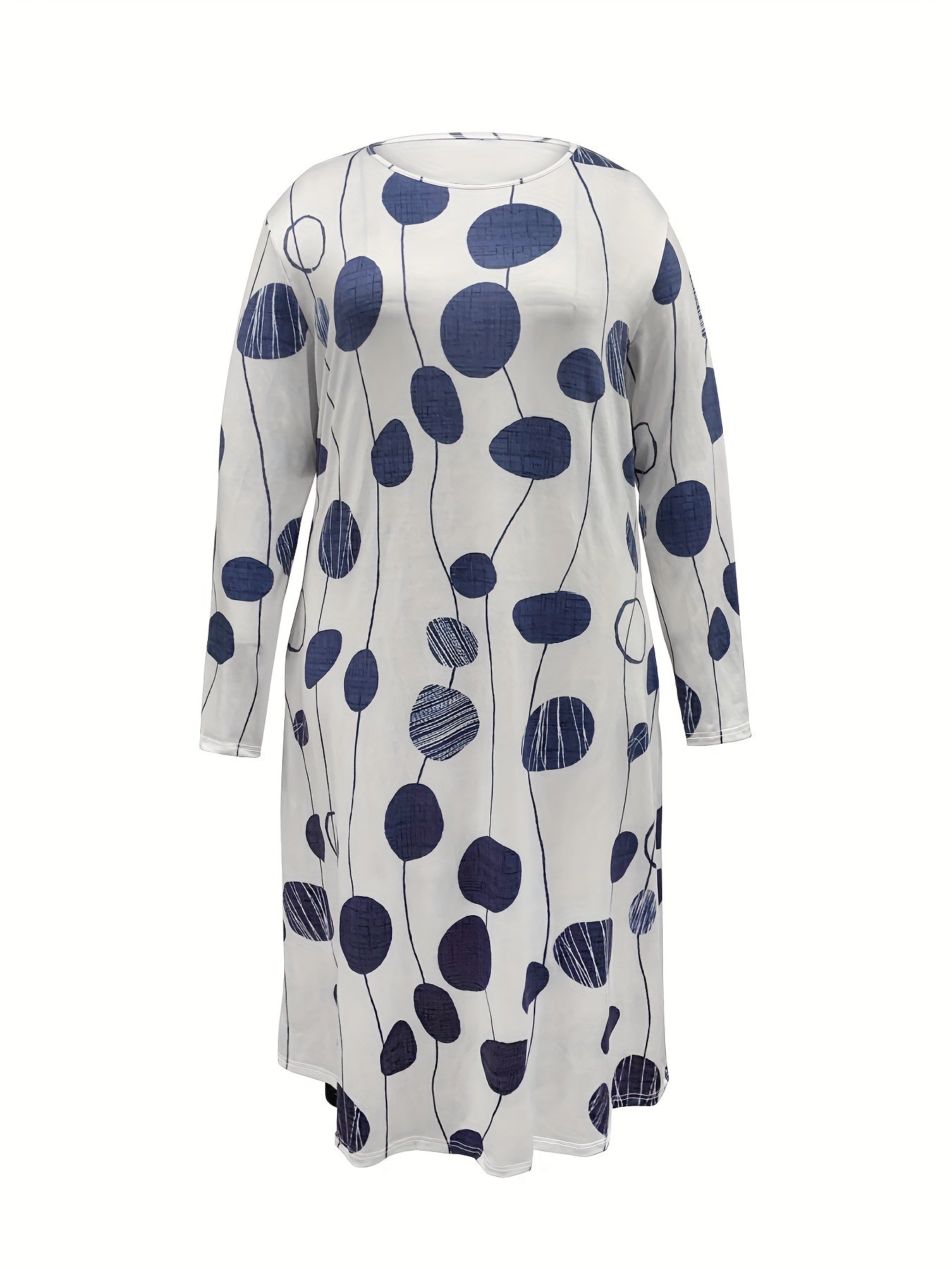 Boho Dress Women's Plus Stripe & Dot Print Long Sleeve Round Neck Dress