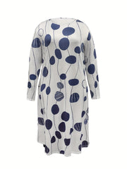 Boho Dress Women's Plus Stripe & Dot Print Long Sleeve Round Neck Dress