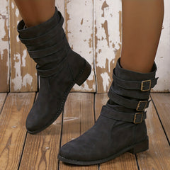 Chunky Heel Dress Boots with Buckle Strap - Women's