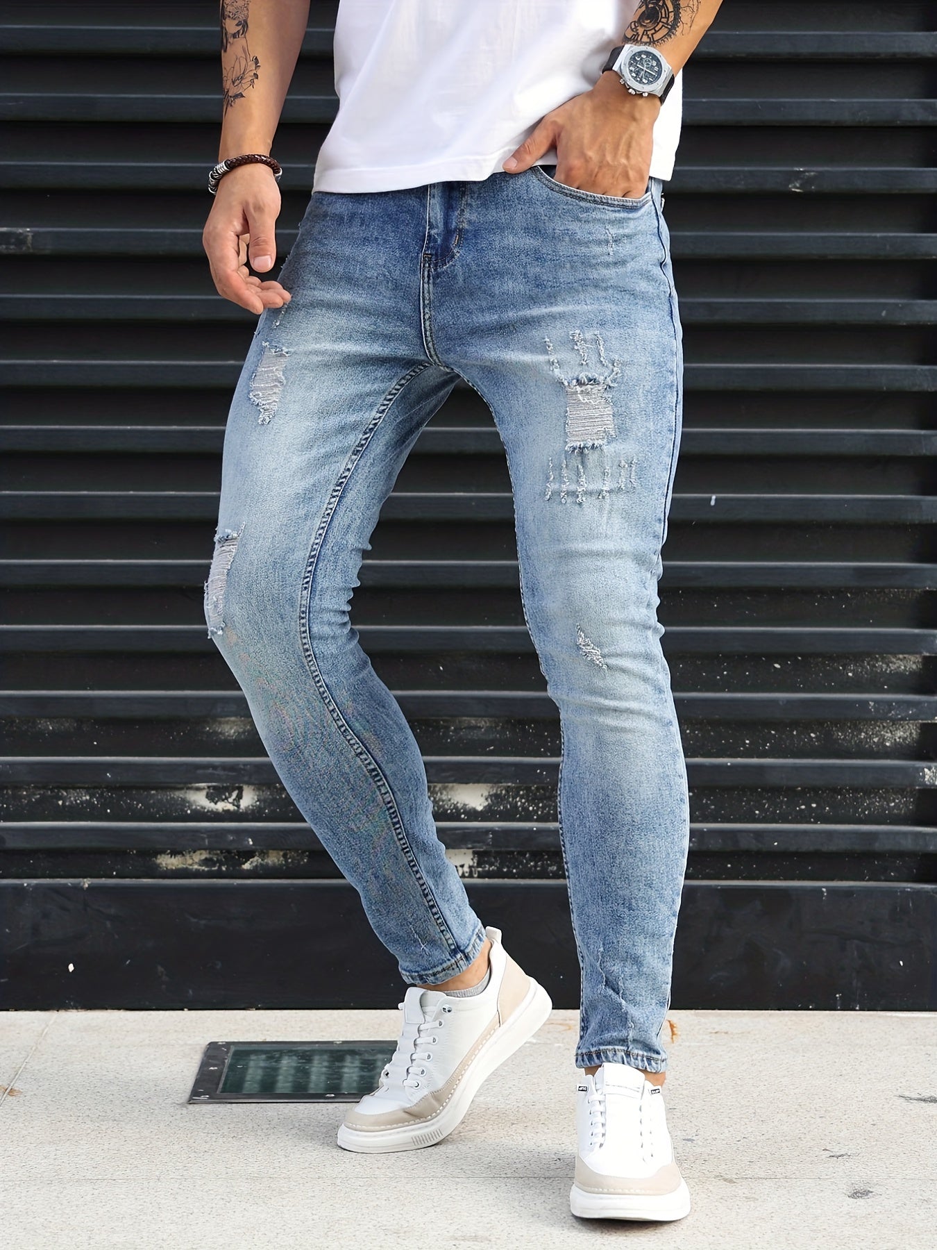 Slim Fit Ripped Jeans Mens Distressed Stretch Denim