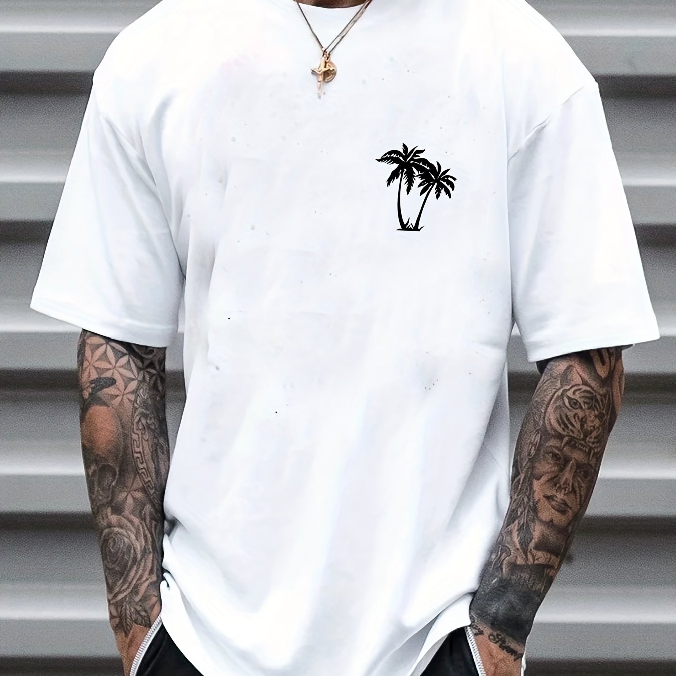 Palm Tree Pattern Top Casual Stretch Short Sleeve Crew Neck T shirt
