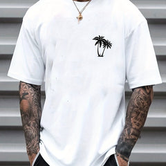 Palm Tree Pattern Top Casual Stretch Short Sleeve Crew Neck T shirt