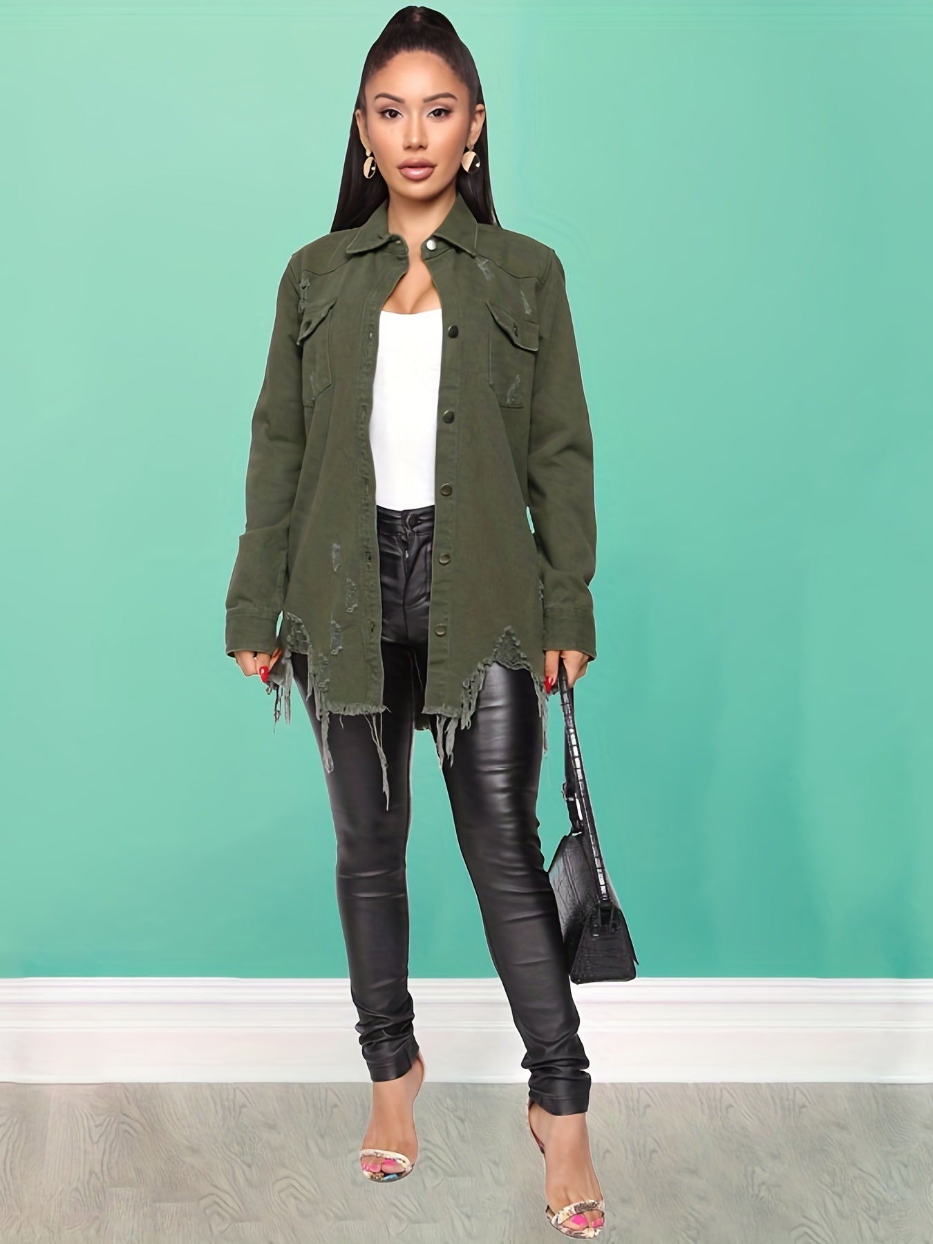 Women's Long Sleeve Distressed Denim Coats