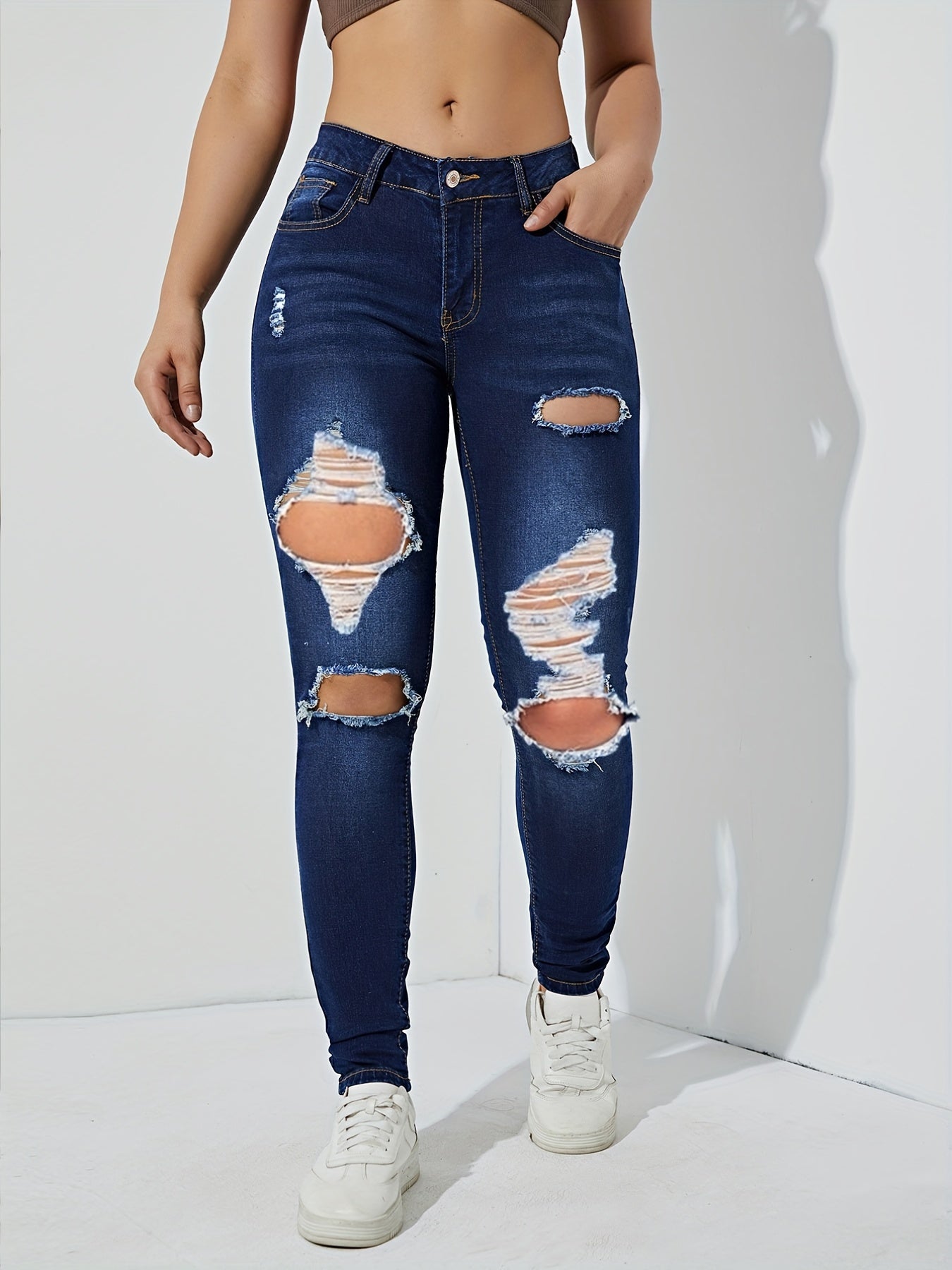 High Waist Skinny Jeans Stretch Distressed Slim Fit Denim Pants