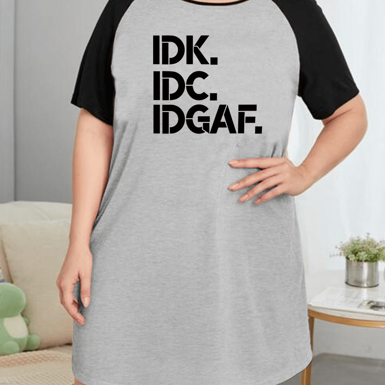 Basic Nightdress Women's Plus Letter Print Raglan Sleeve