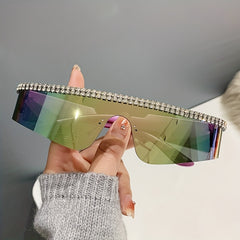 Y2K Rimless Wrap Around Sunglasses Rhinestone Gradient Lens UV400