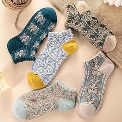 5 Pairs Vintage Floral Embroidery Ankle Socks Women's Short Socks