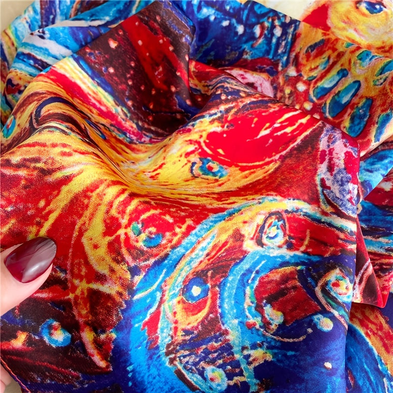 Red & Phoenix Floral Scarf Oil Painting Shawl Vintage Turban