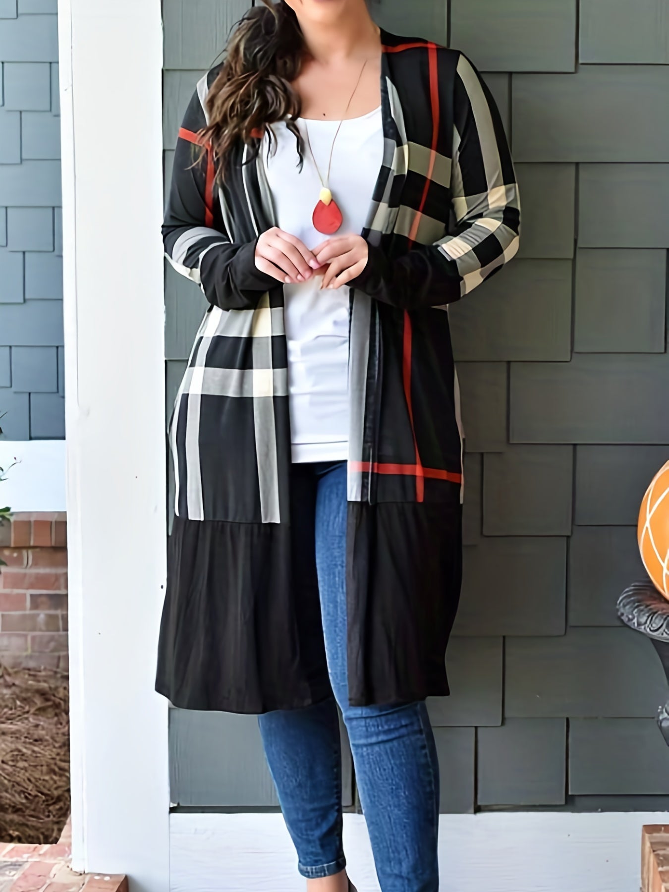 Plaid Print Long Sleeve Open Front Cardigan