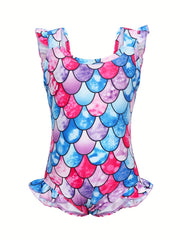 Girls Mermaid Fish Scale Print One Piece Swimsuit Sleeveless Camisole Dress