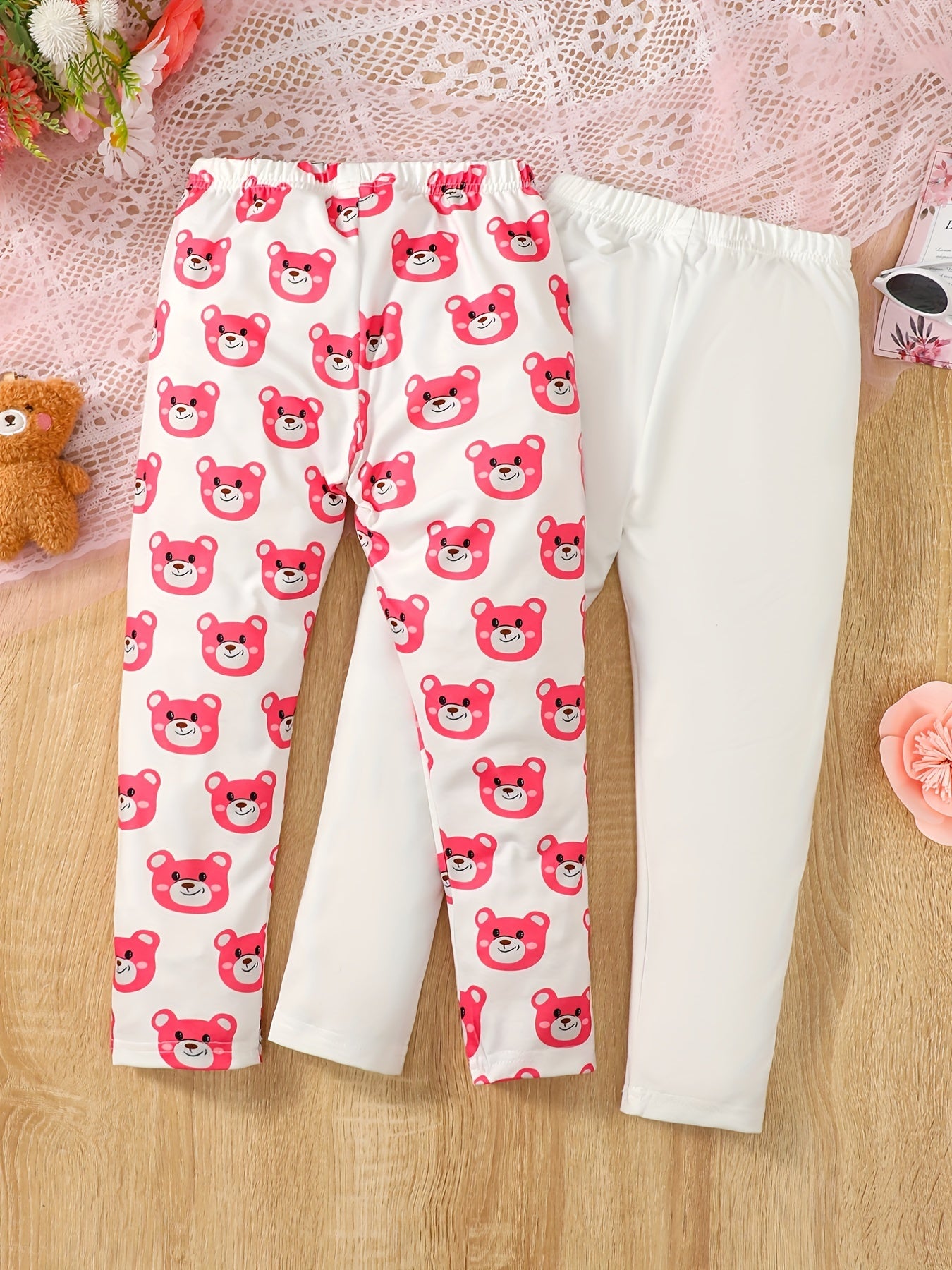 2pcs Pink Bear Full Print Leggings Outfit