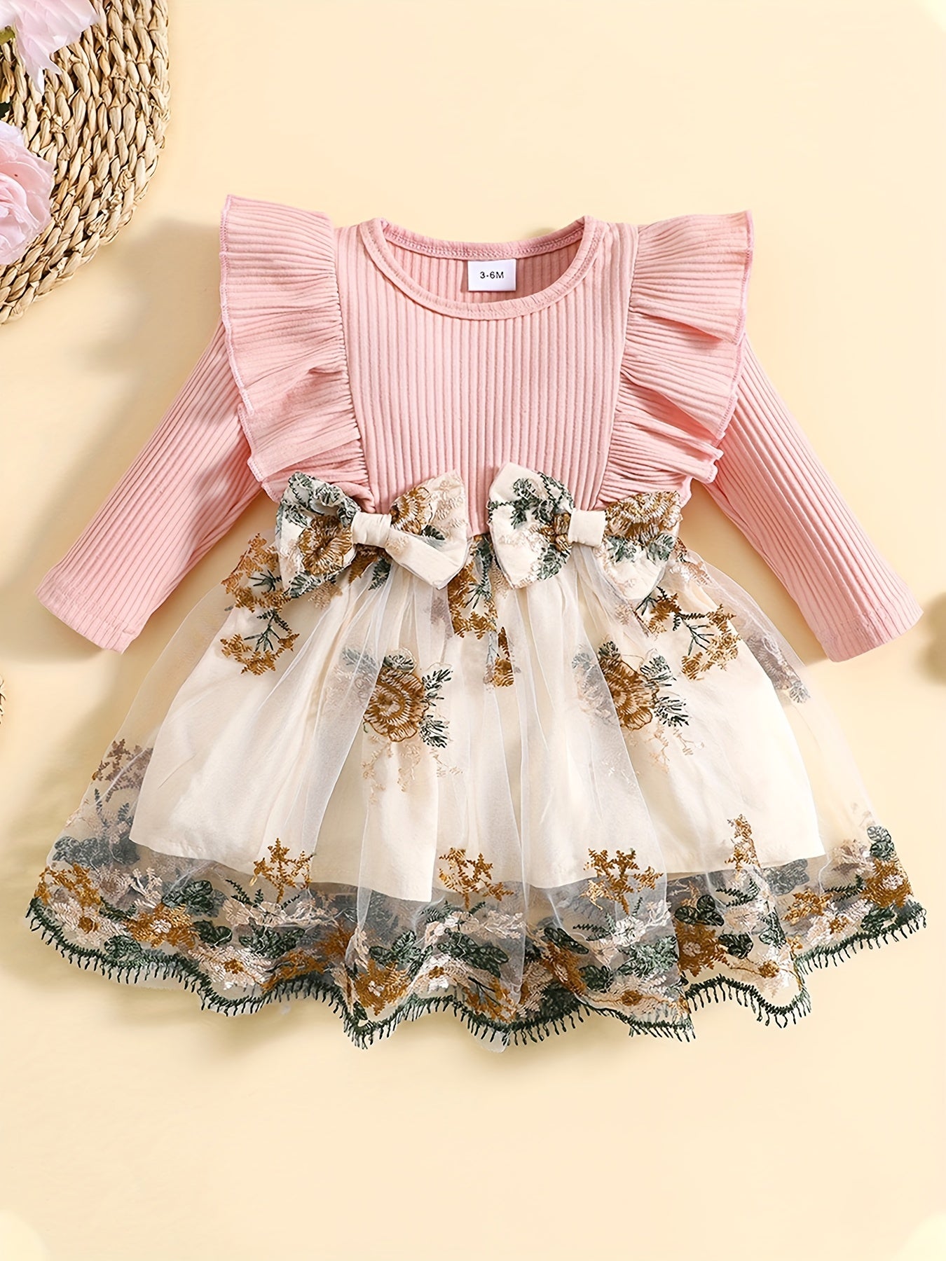 Floral Patchwork Bowknot Ruffle Sleeve Dress for Baby
