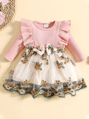 Floral Patchwork Bowknot Ruffle Sleeve Dress for Baby