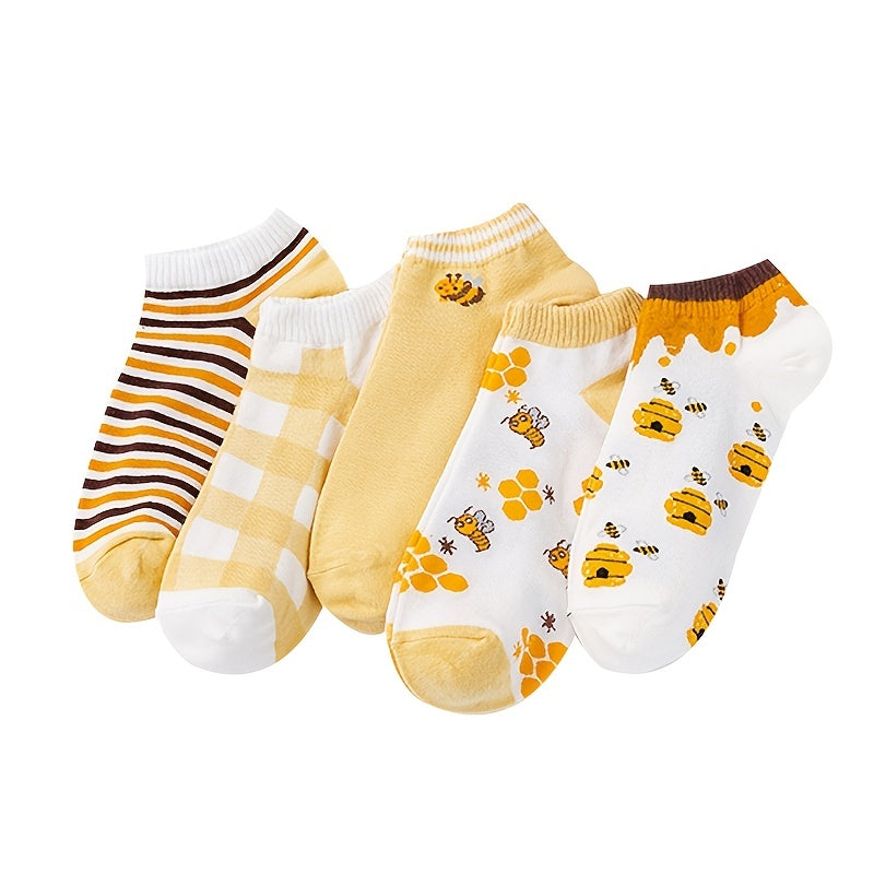 5 Pairs Bee Print Ankle Socks Breathable & Comfy Women's Stockings