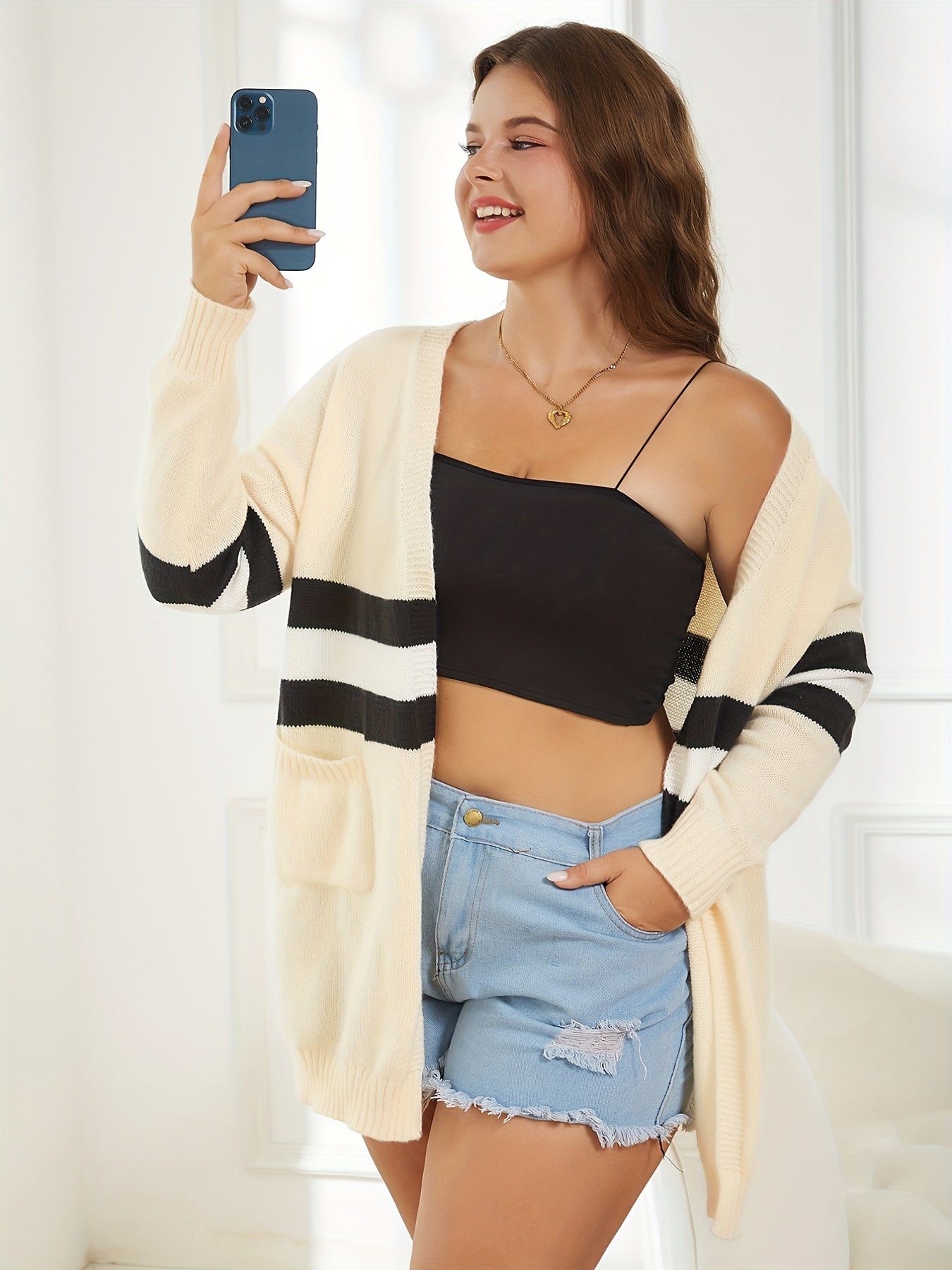 Plus Stripe Long Sleeve Cardigan with Pockets
