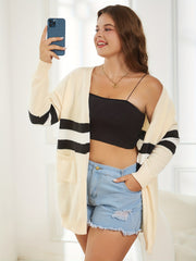 Plus Stripe Long Sleeve Cardigan with Pockets