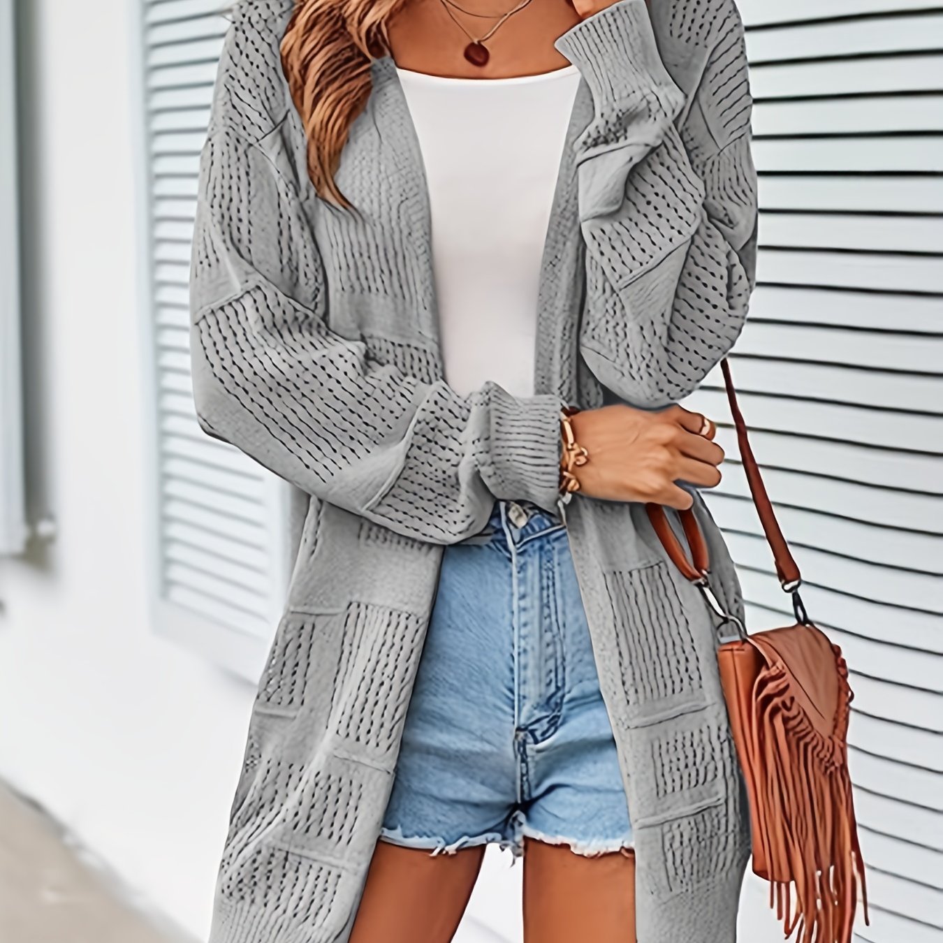 Eyelet Solid Knit Cardigan Open-Front Long Sleeve Sweater