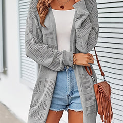 Eyelet Solid Knit Cardigan Open-Front Long Sleeve Sweater